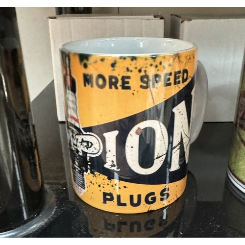 437 - 6 Petroliana themed mugs including Snap-on, Castrol & Champion spark plugs