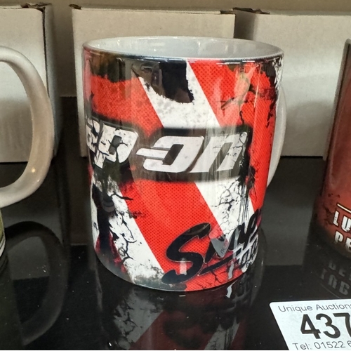 437 - 6 Petroliana themed mugs including Snap-on, Castrol & Champion spark plugs