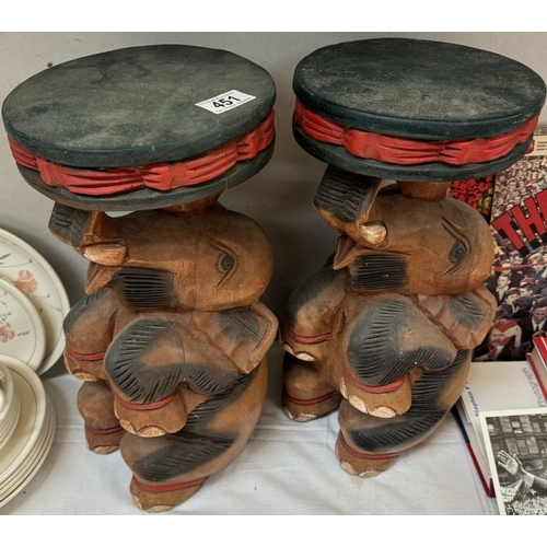 451 - A pair of solid teak sitting elephant plant stands. Height 41cm