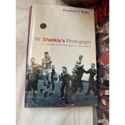 454 - A collection of Liverpool memorabilia including Mirror, photo of Bill Shankly, books, records etc