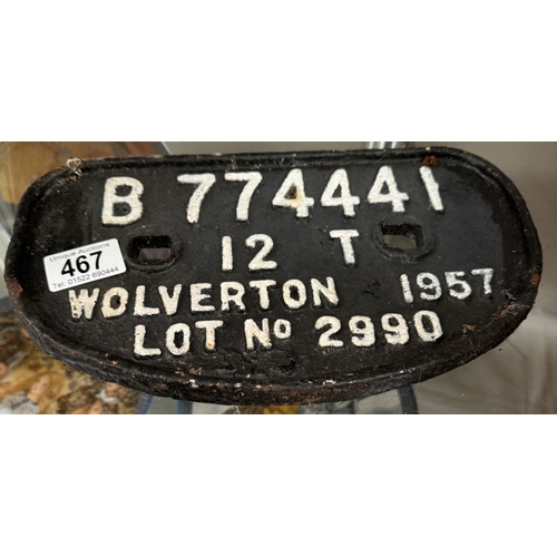 467 - A Cast metal railway sign B774447 12 T Wolverton 1957