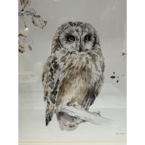 482 - A framed and glazed drawing of an owl, signed Lisa Audit