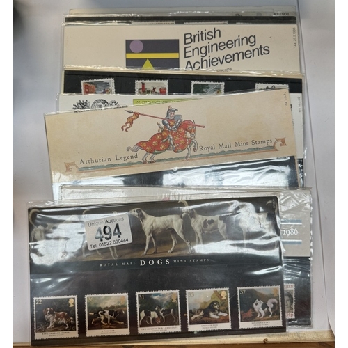 494 - 9 Royal Mail presentation stamp sets including Dogs, The British army etc including some F.D.C.S