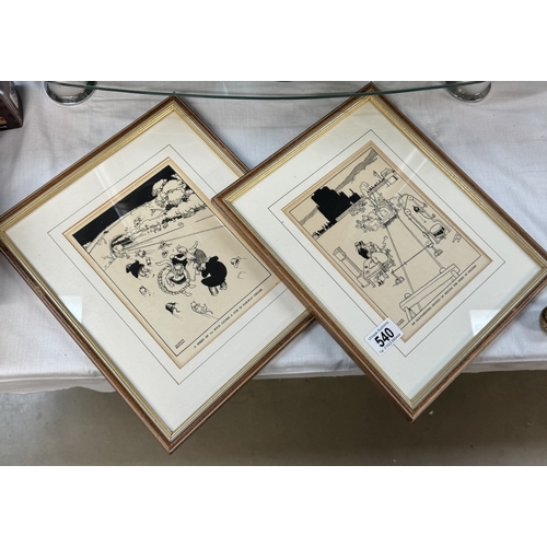 540 - 2 Framed & Glazed humorous prints on railway engines by W.Heath Robinson