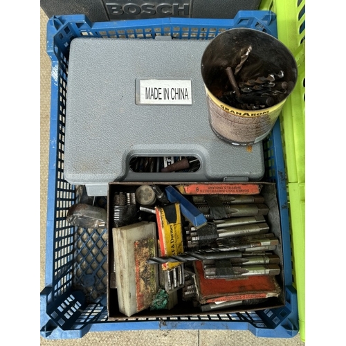 547 - A good selection of drill bits etc including Spiral rachet, screwdriver & An empty Bosch case