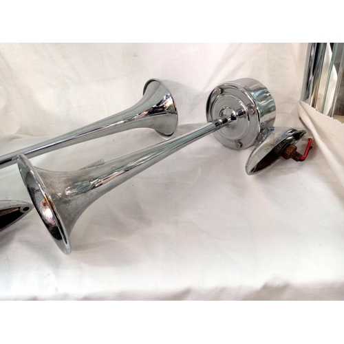 708 - A pair of chrome trumpet air horns for car or truck. length 29cm