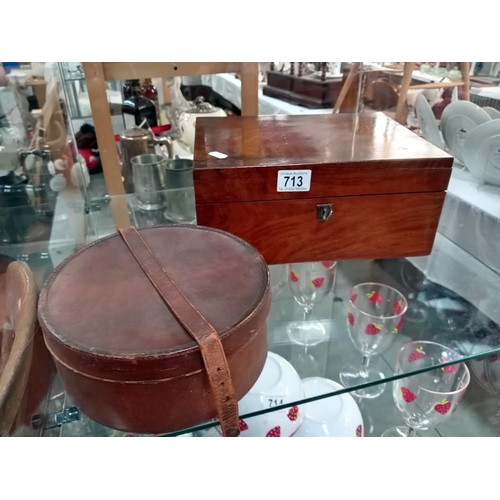 713 - An Edwardian veneered writing box & a vintage leather shirt collar box