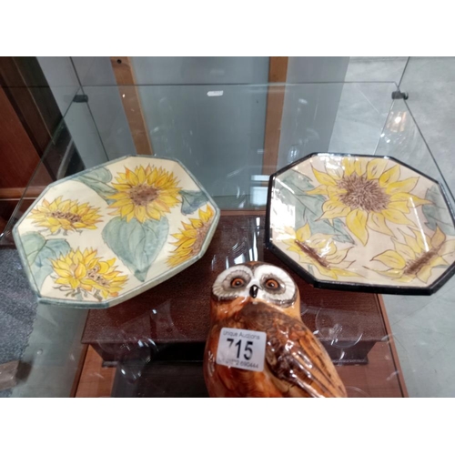 715 - A pair of sunflower decorated plates & a Babbacombe pottery owl string dispenser