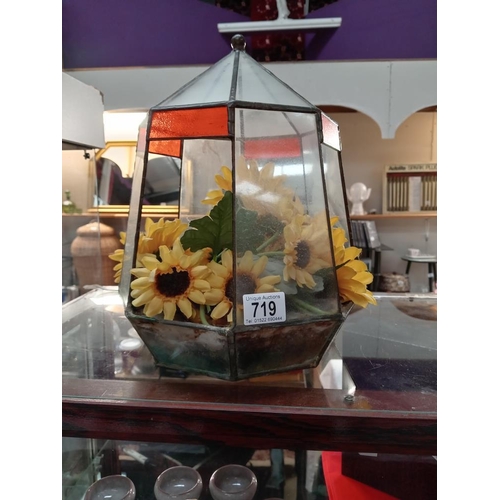 719 - A leaded glass terrarium with artificial flower display