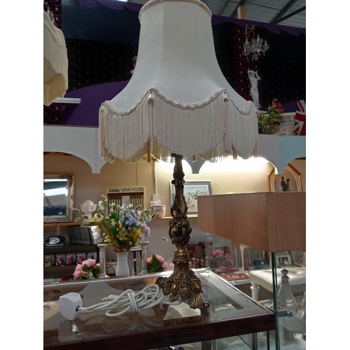 720 - A heavy brass Corinthian column lamp on base with 1 other brass lamp & 2 shades