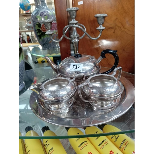 737 - A vintage tea set, tray & candelabra