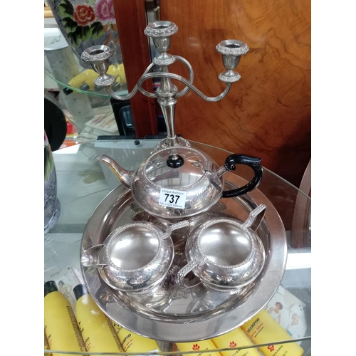 737 - A vintage tea set, tray & candelabra