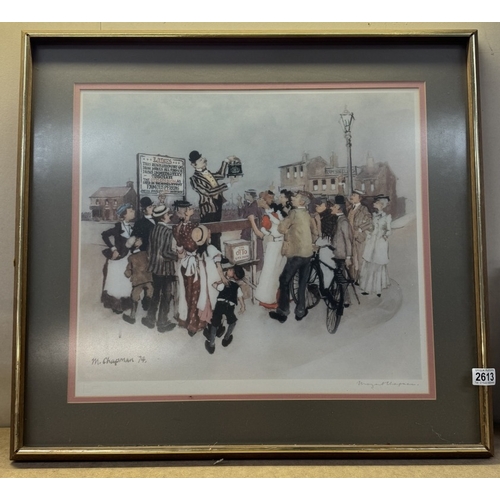 2613 - A framed & glazed character signed print (Gas iron seller) signed 'Chapman 74' (74cm x 68cm)