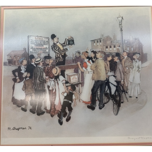 2613 - A framed & glazed character signed print (Gas iron seller) signed 'Chapman 74' (74cm x 68cm)