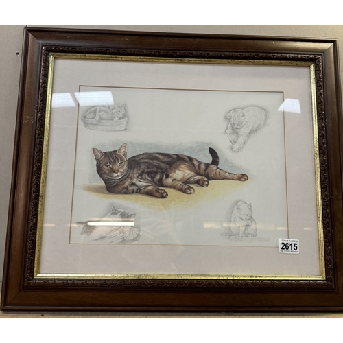 2615 - A framed & glazed picture of a cat (62cm x 53cm)