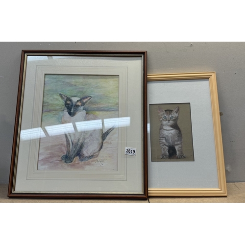 2619 - 2 Framed & Glazed cat pictures (Largest picture 47 x 55cm)