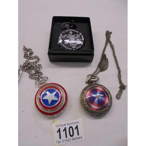 1101 - Three pocket watches including A Captain America example, sold as seen.