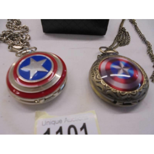 1101 - Three pocket watches including A Captain America example, sold as seen.