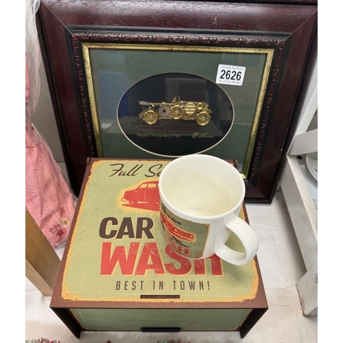 2626 - A 1911 Prince Henry Vauxhall steam punk picture made from watch parts & A car wash mug in box. Pictu... 