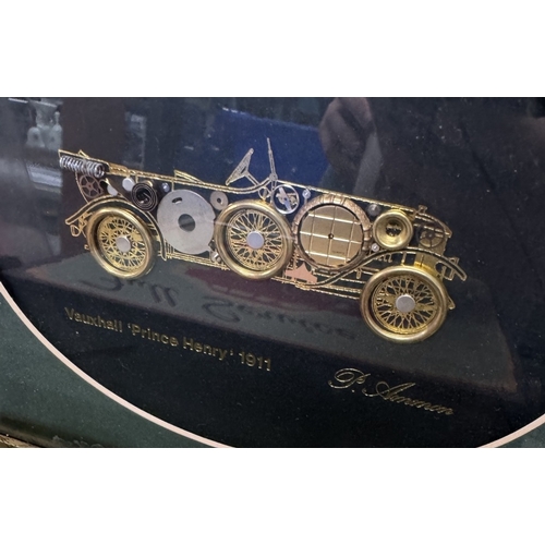 2626 - A 1911 Prince Henry Vauxhall steam punk picture made from watch parts & A car wash mug in box. Pictu... 