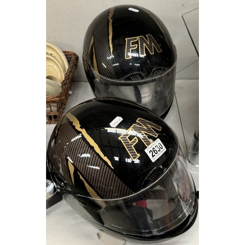 2630 - 2 FM helmets, made in Italy. Size 58M & 60L. Visors appear to be cracked / crazed so will need repla... 