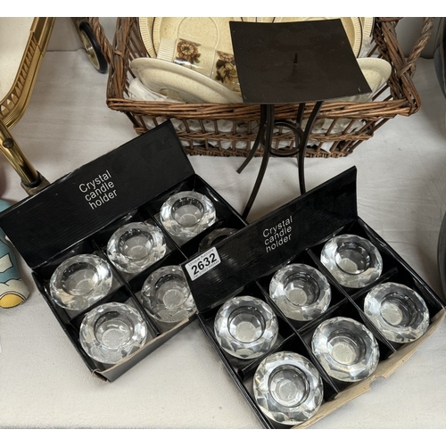 2632 - 2 Boxes of crystal candle holders & A metal candle holder