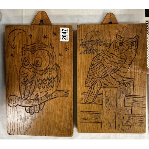 2647 - 2 Carved wood owl plaques on oak by A.H.Maddison