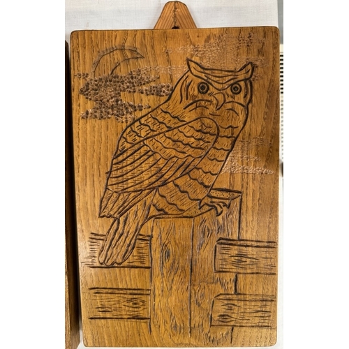 2647 - 2 Carved wood owl plaques on oak by A.H.Maddison