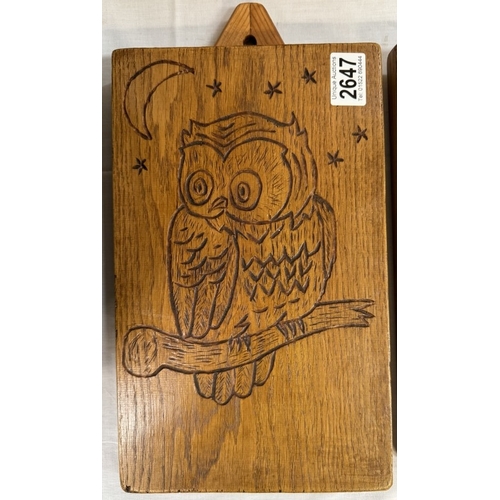 2647 - 2 Carved wood owl plaques on oak by A.H.Maddison