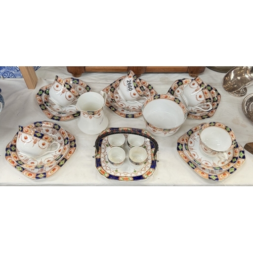 2660 - 5 English China trio tea sets with a jug, bowl & egg cup set