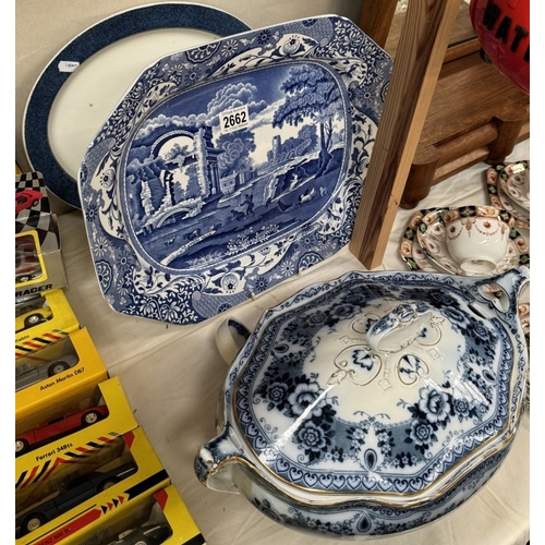 2662 - 4 Pieces of blue & white porcelain Spode plaster, Bristol tureen, Woodware plate etc