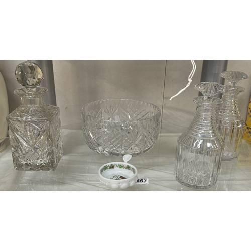 2667 - A cut glass bowl, A pair of glass decanters, One other decanter & A Limoges wine taster