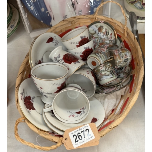 2672 - A Jardine red rose tea set and oriental egg shell tea set in a raffia basket