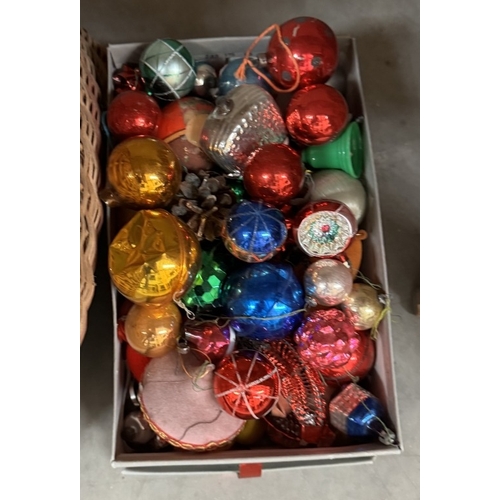 2689 - A quantity of Christmas baubles. ( 2 Wicker baskets & A shoe box)