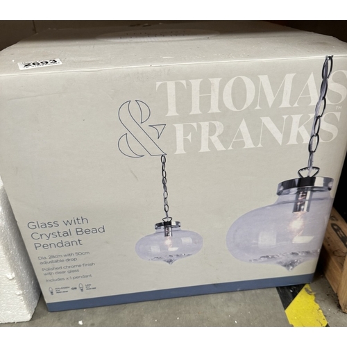 2693 - A Thomas & Franks glass globe hanging ceiling light (Crystal bead pendant)