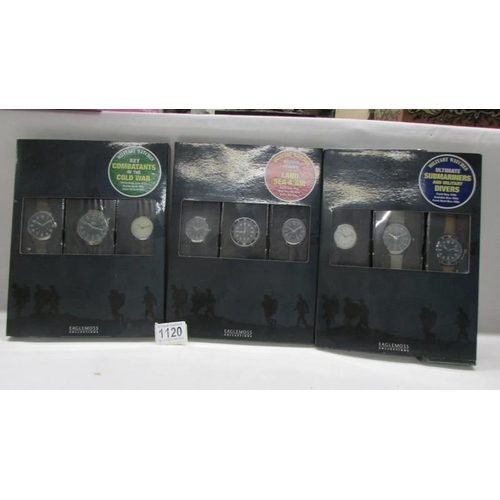 1120 - Three sets of three Military collector's watches.