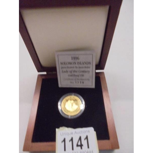 1141 - A cased 1996 Solomon Islands Queen Elizabeth The Queen Mother 'Lady of the century' gold coin, 14 ca... 