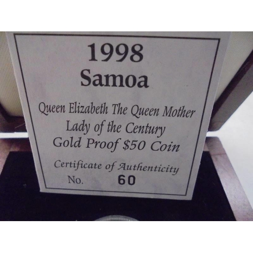 1143 - A cased 1998 Samoa 14ct gold proof $50 coin, Queen Elizabeth The Quee Mother 'Lady of the Century'.