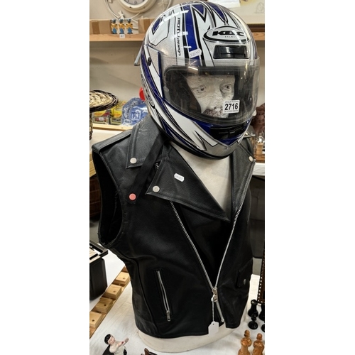 2716 - A leather motor cyclists waistcoat & A KBC moto design helmet