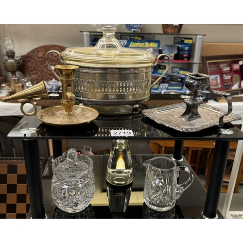 2719 - A quantity of glass etc including brass & silver plate candlestick holders