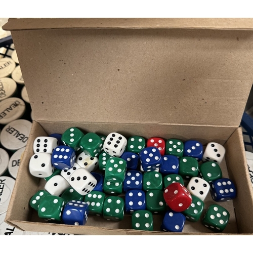 2721 - 2 Trays of poker chips & 2 trays of various coloured dice