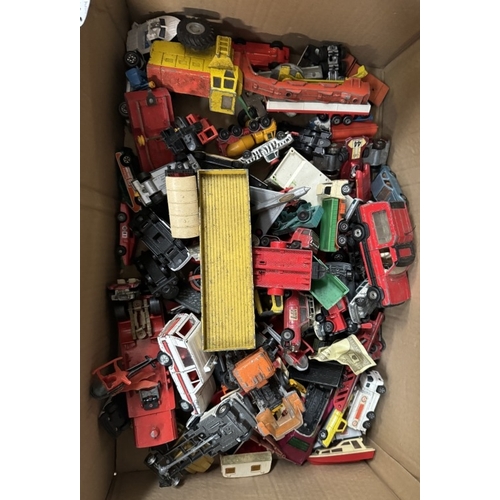 2750E - A large box of play worn die cast including Dinky, Corgi & Matchbox etc.