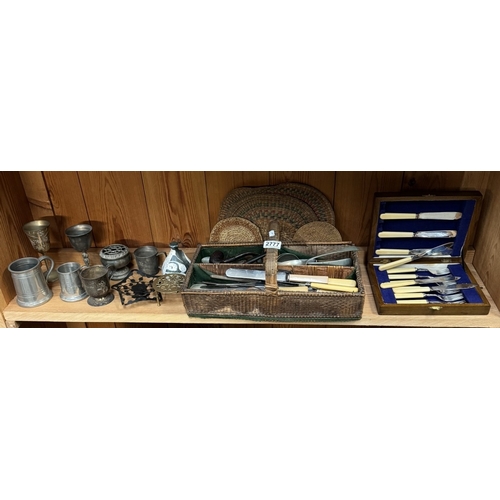 2777 - A quantity of mixed metal ware including cutlery, pewter & tankards etc.