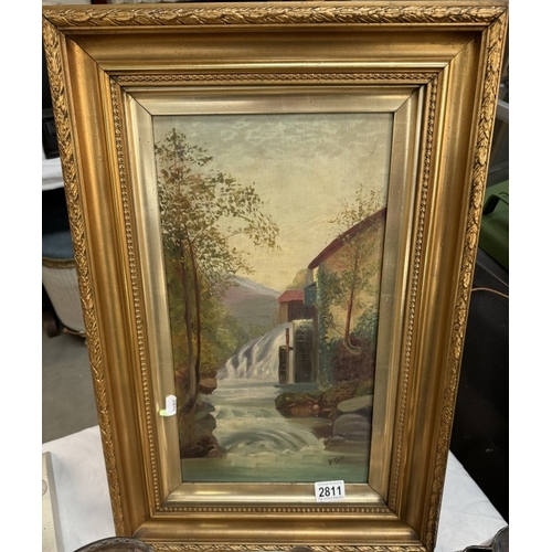 2811 - A framed oil on canvas featuring river & water wheel scene, signed P. D. H.