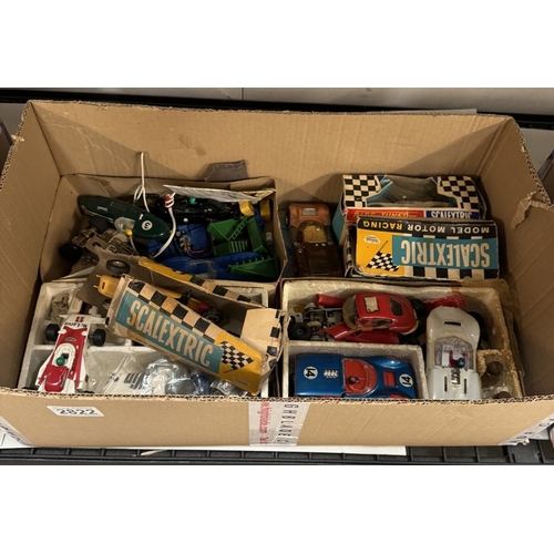 2822 - 3 boxes of vintage Scalextric including track, accessories, cars & parts etc.