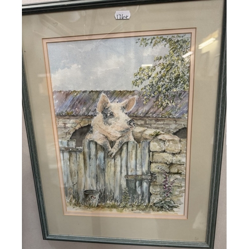 2826 - A Tuscan sunflowers 69/150 limited edition print by Pauline Townsend & watercolour of a pig looking ... 