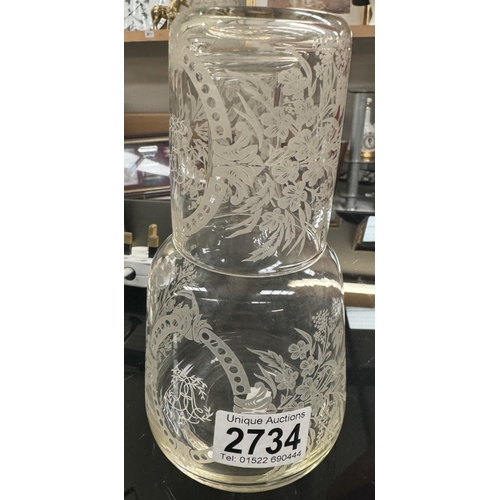 2734 - An etched glass carafe decanter & glass