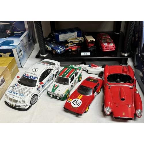 58 - A box of loose mixed scale and maker diecast and plastic vehicles including Hornby Hobbies slot cars