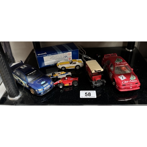 58 - A box of loose mixed scale and maker diecast and plastic vehicles including Hornby Hobbies slot cars