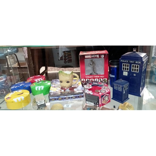 72 - A mixed lot including Iron Man figure, Dr Who Tardis etc. Guardians of the Galaxy book etc. (only 11... 